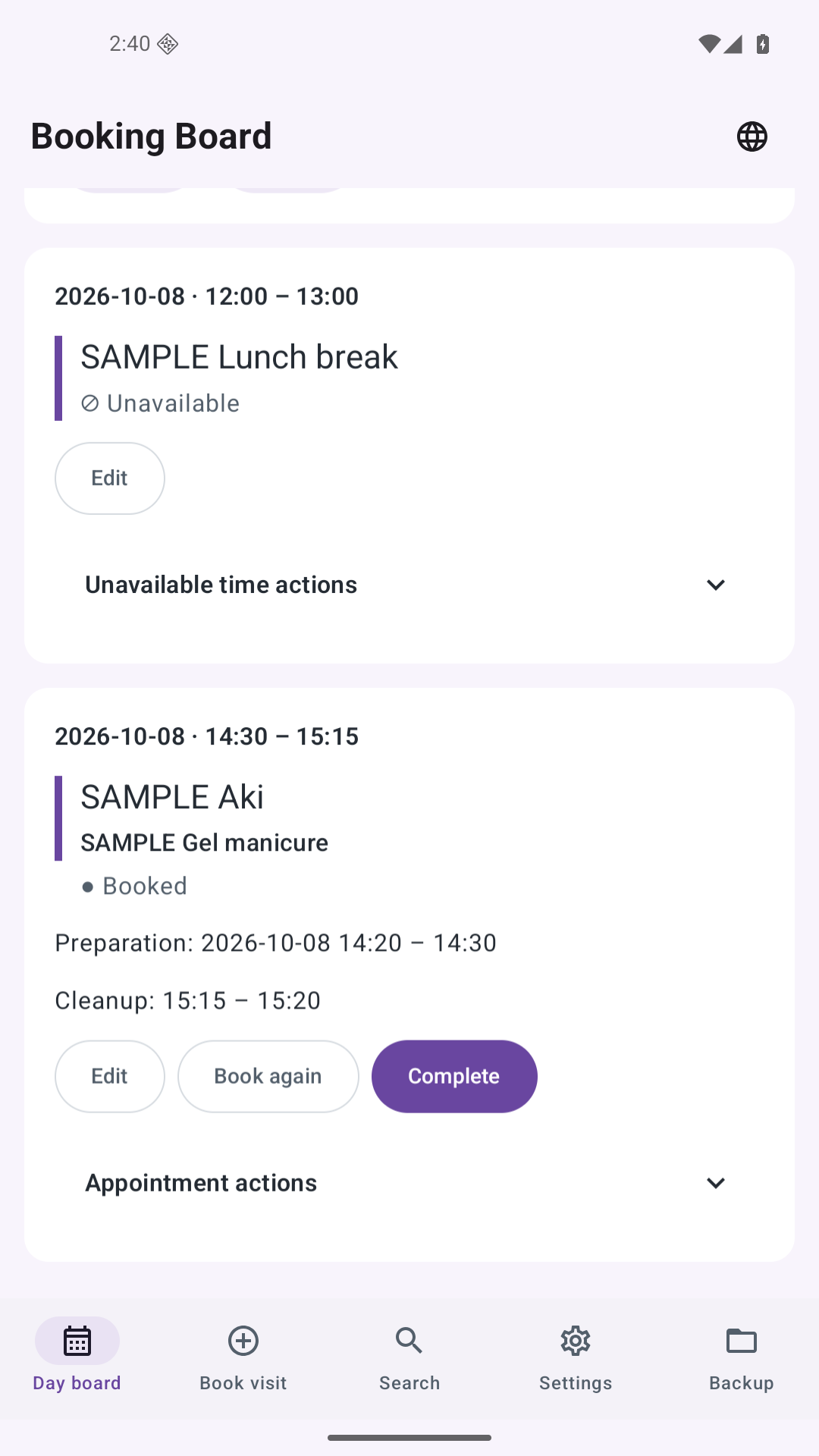 Booking Board day view showing sample appointments and available time