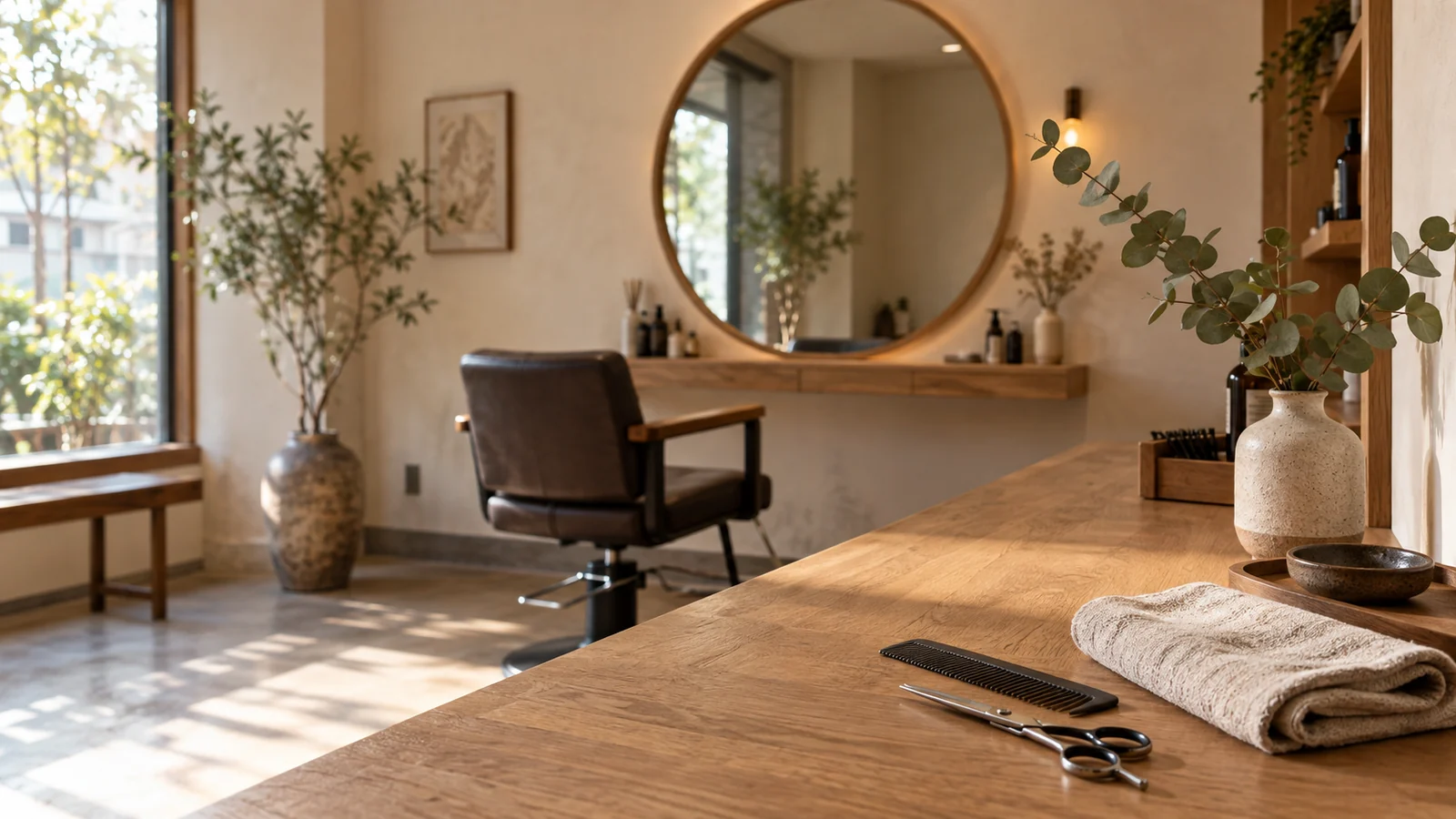 An illustrative, light-filled salon prepared for the next appointment